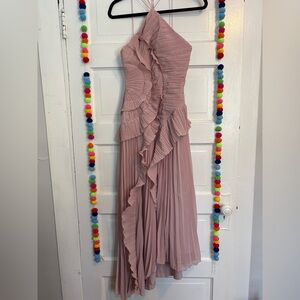 Elegant Pink Ruffled Trim Pleated Dress